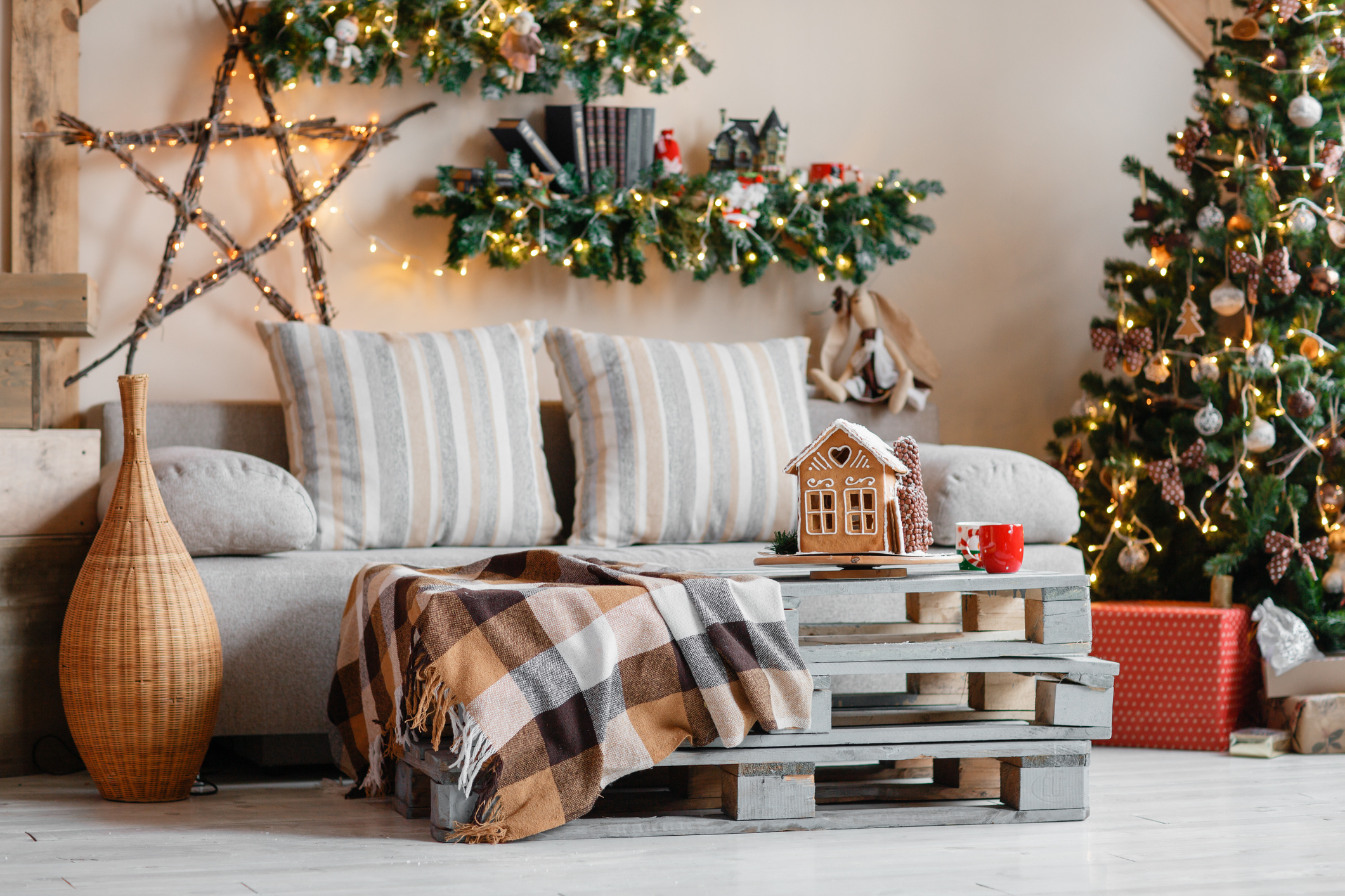 Calm image of interior modern home living room decorated christmas Calm image of interior modern home living room decorated christmas