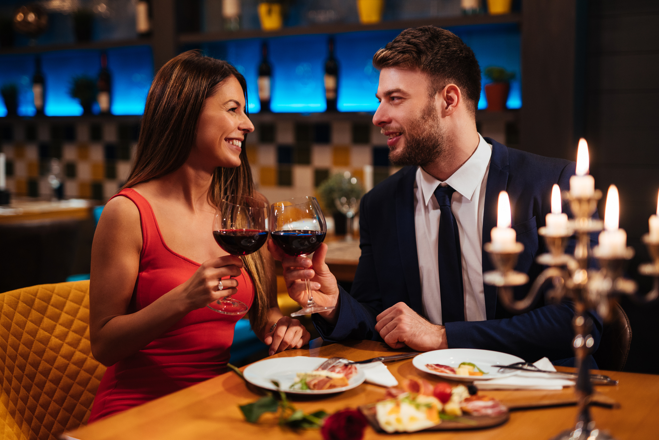 Couple enjoying red wine on Valentine's Day